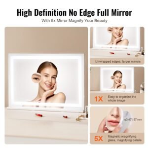 large vanity mirror with lights, three color lighting modes, lighted makeup led mirror,5x magnification,usb port,smart touch control,desktop wall mounted (31.5x21.7 in, white)