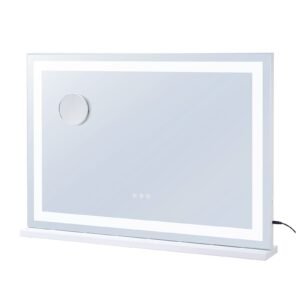 Large Vanity Mirror with Lights, Three Color Lighting Modes, Lighted Makeup LED Mirror,5X Magnification,USB Port,Smart Touch Control,Desktop Wall-Mounted (31.5x21.7 in, White)