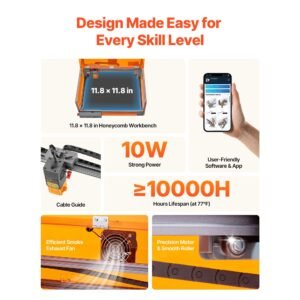 laser engraver, 10w, laser engraving and cutting machine with enclosure, laser cutter engraver machine, 11.8 x 11.8 in working area, 7000 mm/min, for wood, leather, glass, certain metal, class 1