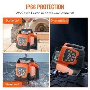 laser level, 1650ft, 360 degree self leveling red cross line laser, 5 rotation speeds & 4 scanning angles adjustment, ip66 waterproof remote control manual self leveling mode, battery included