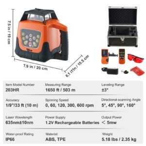 laser level, 1650ft, 360 degree self leveling red cross line laser, 5 rotation speeds & 4 scanning angles adjustment, ip66 waterproof remote control manual self leveling mode, battery included