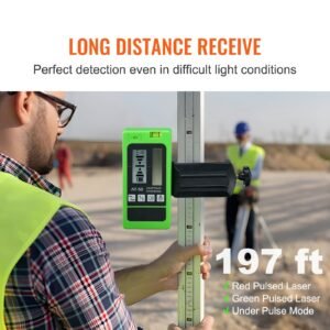 laser receiver, 197 ft working range, green laser and red beam detector for pulsing line lasers, customizable speaker & dual lcd display & built in bubble level with clamp for laser level
