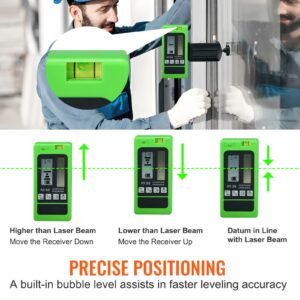 laser receiver, 197 ft working range, green laser and red beam detector for pulsing line lasers, customizable speaker & dual lcd display & built in bubble level with clamp for laser level