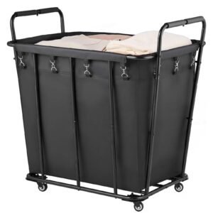 laundry cart, rolling grocery utility cart with waterproof liner & swivel wheels, 260 lbs large load capacity, heavy duty shopping basket for laundry, shopping, camping, grocery, luggage, black