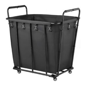 Laundry Cart, Rolling Grocery Utility Cart with Waterproof Liner & Swivel Wheels, 260 LBS Large Load Capacity, Heavy Duty Shopping Basket for Laundry, Shopping, Camping, Grocery, Luggage, Black