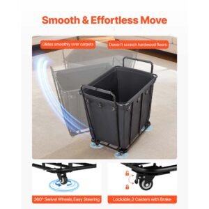 laundry cart, rolling grocery utility cart with waterproof liner & swivel wheels, 260 lbs large load capacity, heavy duty shopping basket for laundry, shopping, camping, grocery, luggage, black