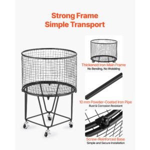 laundry cart, rolling round grocery utility cart with 360° swivel wheels, 60 lbs large load capacity, heavy duty carbon steel shopping basket for laundry, shopping, camping, grocery, luggage