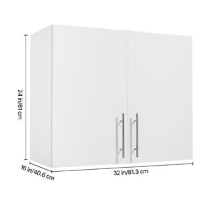 laundry room wall cabinet, 2 tier wall mounted hanging cabinet with adjustable shelf, 32 in cupboard storage with 2 doors, for bathroom, kitchen, laundry, 16 x 32 x 24 in (d x w x h), white