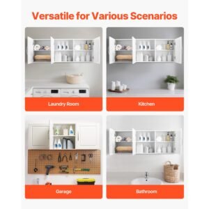 laundry room wall cabinet, 2 tier wall mounted hanging cabinet with adjustable shelf, cupboard storage with 3 doors, for kitchen, bathroom, laundry, 12.44 x 54 x 20.31 in (d x w x h), white