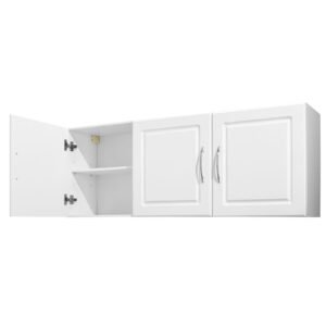 Laundry Room Wall Cabinet, 2-Tier Wall Mounted Hanging Cabinet with Adjustable Shelf, Cupboard Storage with 3 Doors, for Kitchen, Bathroom, Laundry, 12.44 x 54 x 20.31 in (D x W x H), White
