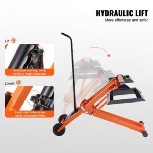 lawn mower lift with hydraulic jack, 500 lbs weight capacity, solid carbon steel lawn mower lift, adjustable movable lawn lifter for riding tractors and zero turn lawn mowers, orange