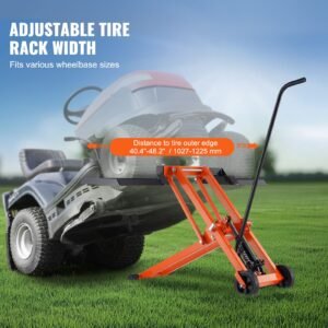 lawn mower lift with hydraulic jack, 500 lbs weight capacity, solid carbon steel lawn mower lift, adjustable movable lawn lifter for riding tractors and zero turn lawn mowers, orange