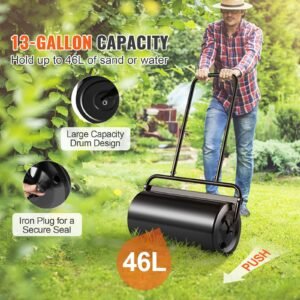 lawn roller, 13 gallon sand/water filled yard roller, steel sod roller with easy turn plug and u shaped ergonomic handle for convenient push and pull, for lawn, garden, farm, park, black