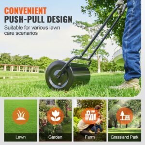 lawn roller, 13 gallon sand/water filled yard roller, steel sod roller with easy turn plug and u shaped ergonomic handle for convenient push and pull, for lawn, garden, farm, park, black