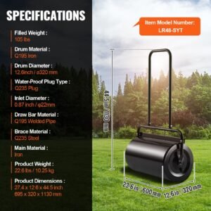 lawn roller, 13 gallon sand/water filled yard roller, steel sod roller with easy turn plug and u shaped ergonomic handle for convenient push and pull, for lawn, garden, farm, park, black