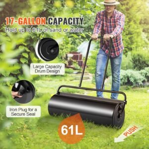 lawn roller, 17 gallon sand/water filled yard roller, steel sod roller with easy turn plug and u shaped ergonomic handle for convenient push and pull, for lawn, garden, farm, park, black