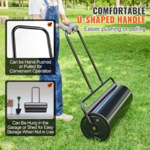 lawn roller, 17 gallon sand/water filled yard roller, steel sod roller with easy turn plug and u shaped ergonomic handle for convenient push and pull, for lawn, garden, farm, park, black