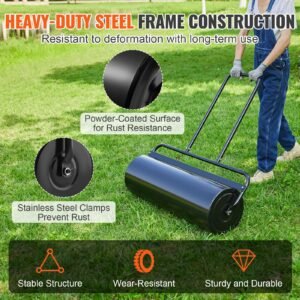 lawn roller, 17 gallon sand/water filled yard roller, steel sod roller with easy turn plug and u shaped ergonomic handle for convenient push and pull, for lawn, garden, farm, park, black