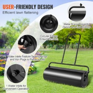 lawn roller, 17 gallon sand/water filled yard roller, steel sod roller with easy turn plug and u shaped ergonomic handle for convenient push and pull, for lawn, garden, farm, park, black