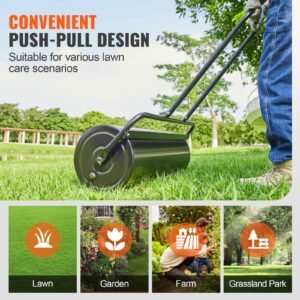 lawn roller, 17 gallon sand/water filled yard roller, steel sod roller with easy turn plug and u shaped ergonomic handle for convenient push and pull, for lawn, garden, farm, park, black