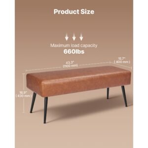 leather bedroom bench, pu leather bench with metal legs and with stitching for entryway, upholstered shoe bench seat, modern end of the bed benches for living room, dining room, hallway, brown