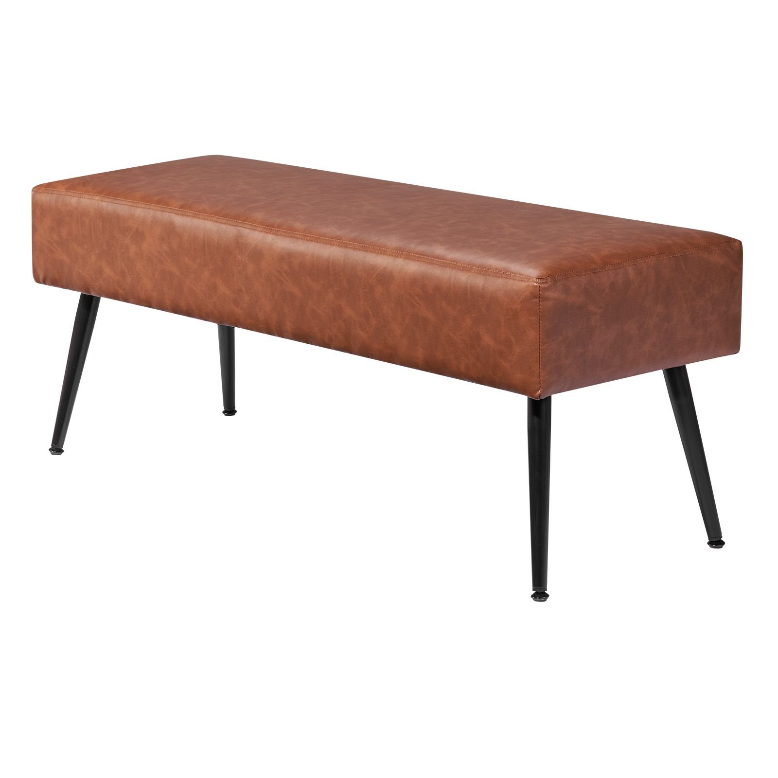 leather bedroom bench, pu leather bench with metal legs and with stitching for entryway, upholstered shoe bench seat, modern end of the bed benches for living room, dining room, hallway, brown