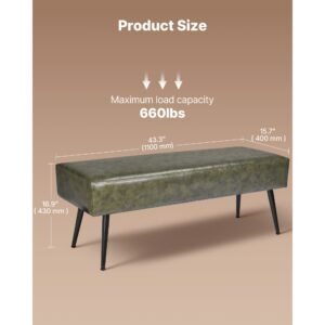 leather bedroom bench, pu leather bench with metal legs and with stitching for entryway, upholstered shoe bench seat, modern end of the bed benches for living room, dining room, hallway, green