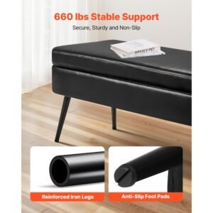 leather storage ottoman bench, pu leather bench with storage and metal legs, modern shoe benches seat for entryway, upholstered end of bed benches for living room, dining room, hallway, black
