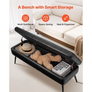 leather storage ottoman bench, pu leather bench with storage and metal legs, modern shoe benches seat for entryway, upholstered end of bed benches for living room, dining room, hallway, black