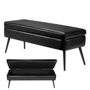 Leather Storage Ottoman Bench, PU Leather Bench with Storage and Metal Legs, Modern Shoe Benches Seat for Entryway, Upholstered End of Bed Benches for Living Room, Dining Room, Hallway, Black