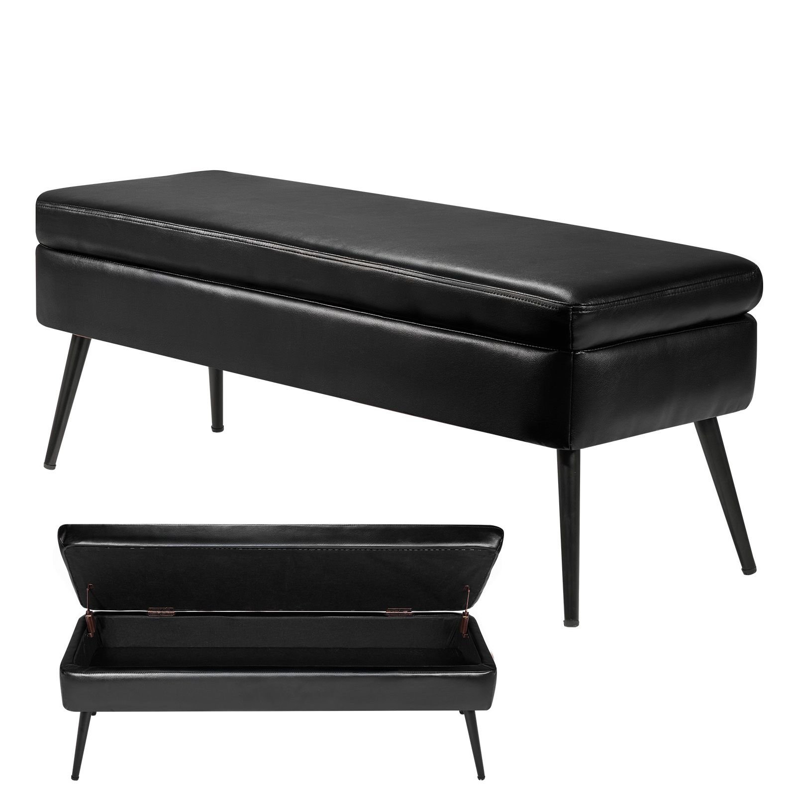 leather storage ottoman bench, pu leather bench with storage and metal legs, modern shoe benches seat for entryway, upholstered end of bed benches for living room, dining room, hallway, black