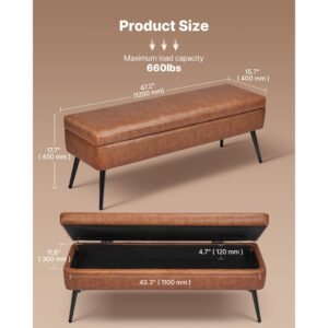 leather storage ottoman bench, pu leather bench with storage and metal legs, modern shoe benches seat for entryway, upholstered end of bed benches for living room, dining room, hallway, brown