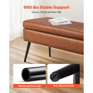 leather storage ottoman bench, pu leather bench with storage and metal legs, modern shoe benches seat for entryway, upholstered end of bed benches for living room, dining room, hallway, brown