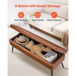 leather storage ottoman bench, pu leather bench with storage and metal legs, modern shoe benches seat for entryway, upholstered end of bed benches for living room, dining room, hallway, brown