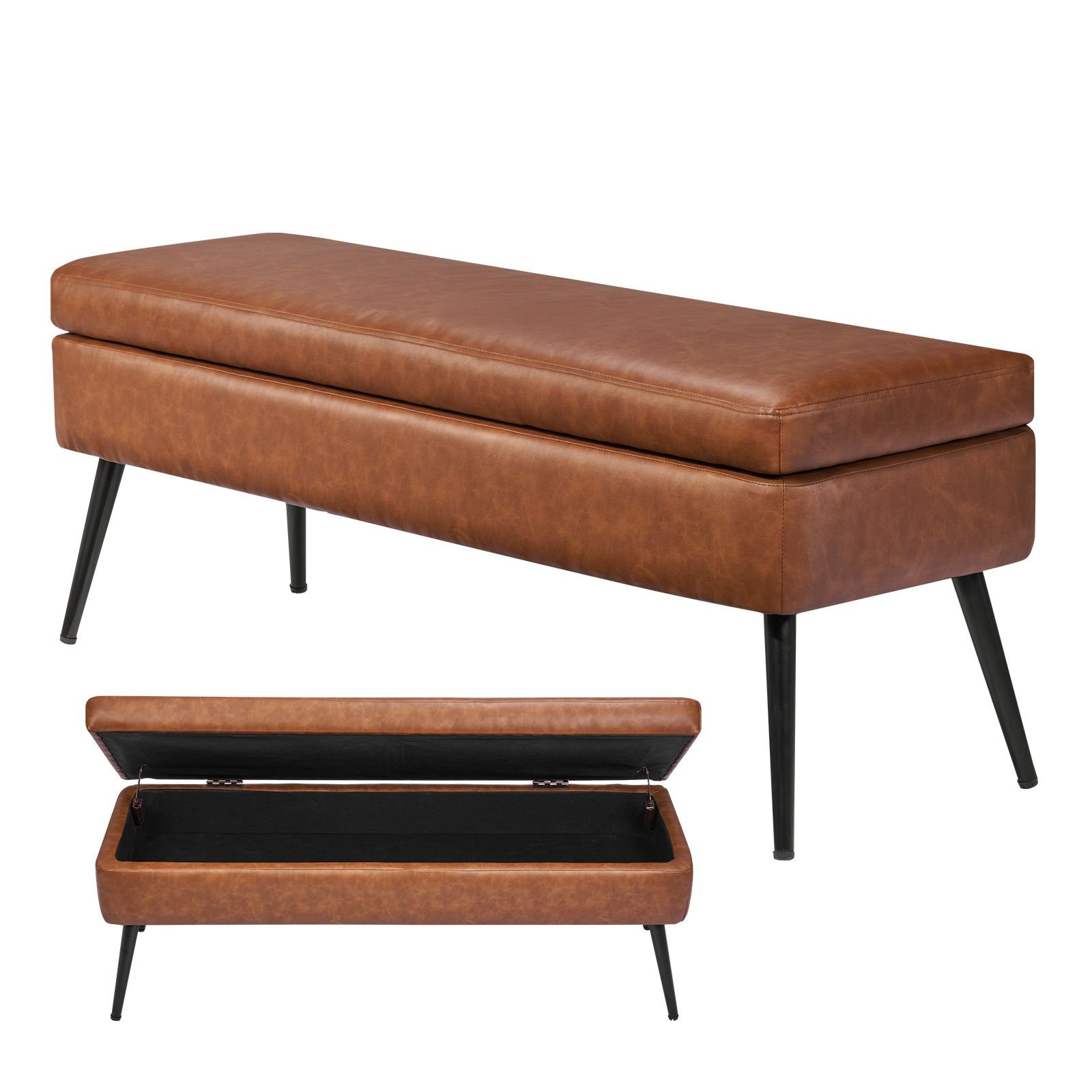 leather storage ottoman bench, pu leather bench with storage and metal legs, upholstered shoe benches seat for entryway, modern end of bed benches for living room, dining room, hallway, brown