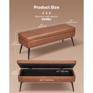 leather storage ottoman bench, pu leather bench with storage and metal legs, upholstered shoe benches seat for entryway, modern end of bed benches for living room, dining room, hallway, brown