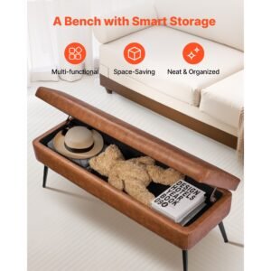 leather storage ottoman bench, pu leather bench with storage and metal legs, upholstered shoe benches seat for entryway, modern end of bed benches for living room, dining room, hallway, brown