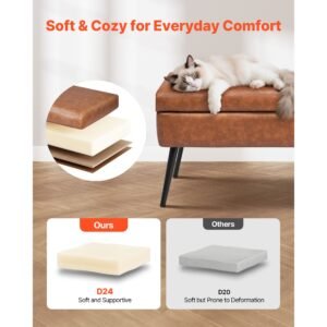 leather storage ottoman bench, pu leather bench with storage and metal legs, upholstered shoe benches seat for entryway, modern end of bed benches for living room, dining room, hallway, brown