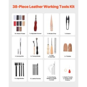 leather working tools kit, 38 pcs leather craft tools with portable canvas storage bag, engraving punching sewing stamping cutting tools, ideal for beginners diy enthusiasts and professionals