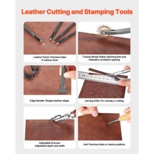 leather working tools kit, 38 pcs leather craft tools with portable canvas storage bag, engraving punching sewing stamping cutting tools, ideal for beginners diy enthusiasts and professionals
