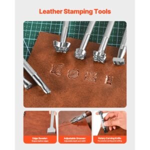 leather working tools kit, 59 pcs leather craft tools with portable canvas storage bag, engraving punching sewing stamping sanding tools, ideal for beginners diy enthusiasts and professionals