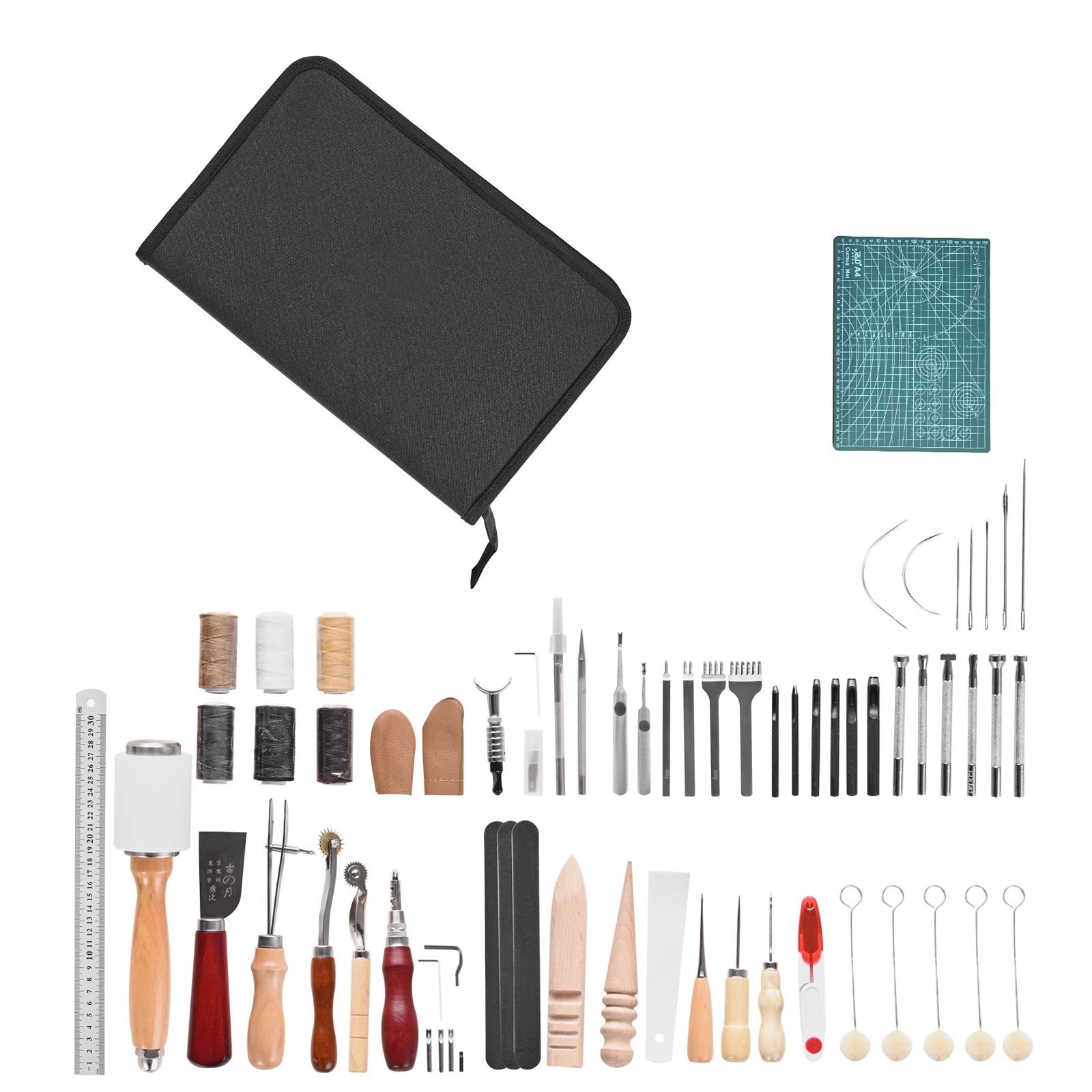 leather working tools kit, 59 pcs leather craft tools with portable canvas storage bag, engraving punching sewing stamping sanding tools, ideal for beginners diy enthusiasts and professionals