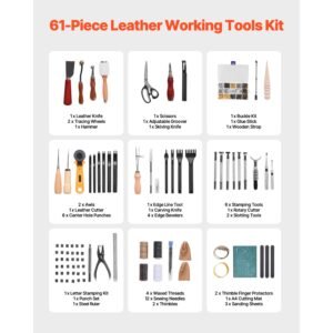 leather working tools kit, 61 pcs leather craft tools with portable canvas storage bag, engraving punching sewing stamping sanding tools, ideal for beginners diy enthusiasts and professionals