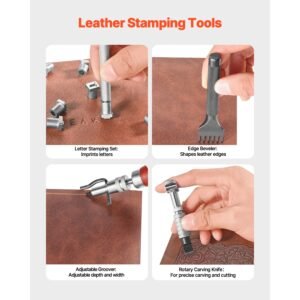 leather working tools kit, 61 pcs leather craft tools with portable canvas storage bag, engraving punching sewing stamping sanding tools, ideal for beginners diy enthusiasts and professionals