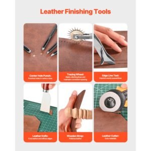 leather working tools kit, 61 pcs leather craft tools with portable canvas storage bag, engraving punching sewing stamping sanding tools, ideal for beginners diy enthusiasts and professionals