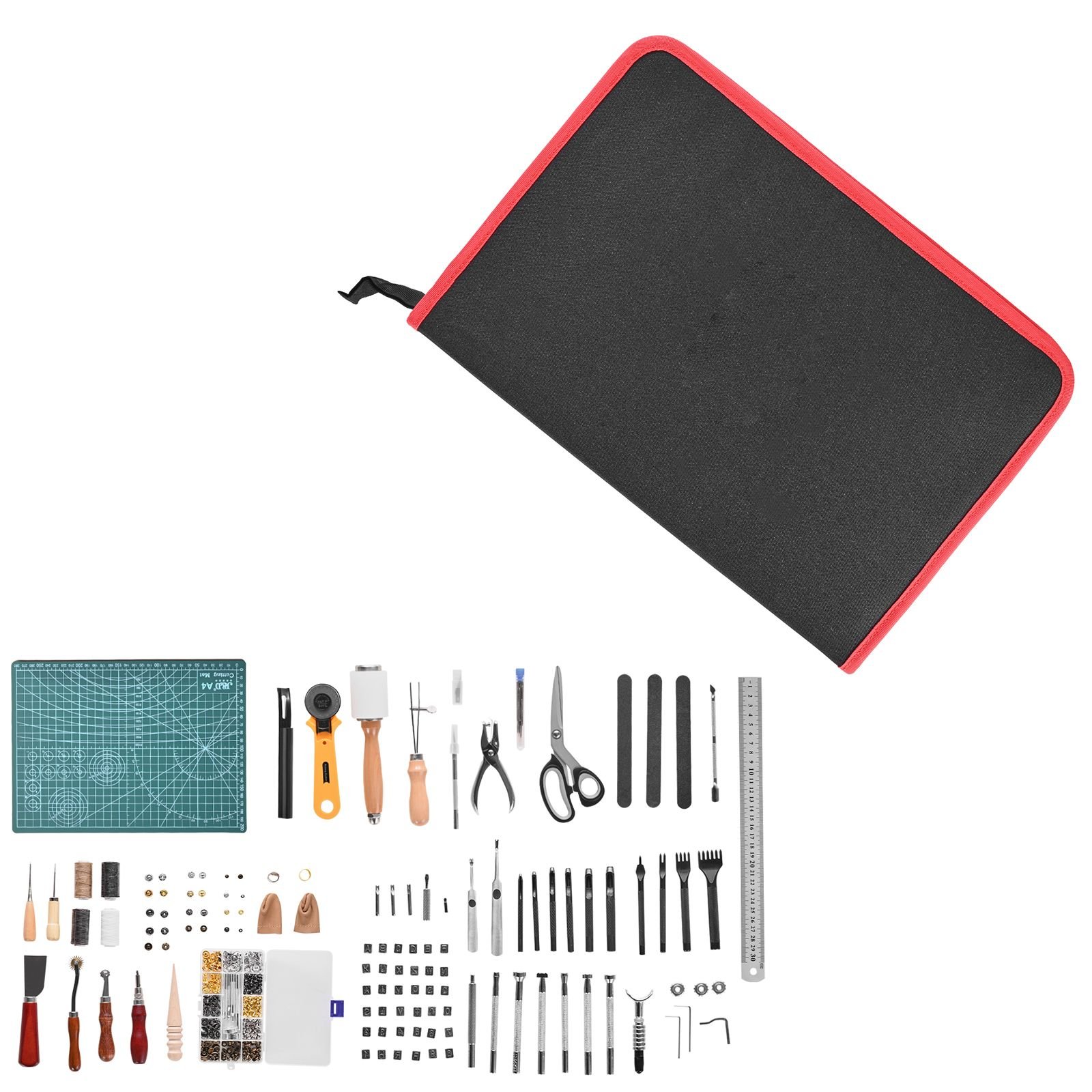 leather working tools kit, 61 pcs leather craft tools with portable canvas storage bag, engraving punching sewing stamping sanding tools, ideal for beginners diy enthusiasts and professionals