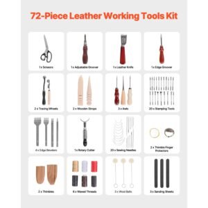 leather working tools kit, 72 pcs leather craft tools with portable leather storage bag, engraving punching sewing stamping sanding tools, ideal for beginners diy enthusiasts and professionals