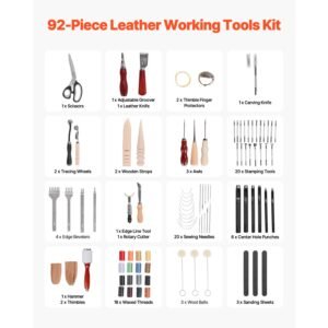 leather working tools kit, 92 pcs leather craft tools with portable leather storage bag, engraving punching sewing stamping sanding tools, ideal for beginners diy enthusiasts and professionals