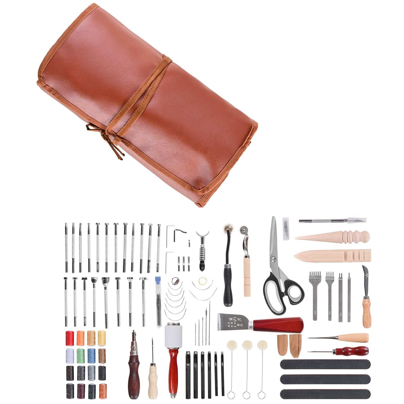 leather working tools kit, 92 pcs leather craft tools with portable leather storage bag, engraving punching sewing stamping sanding tools, ideal for beginners diy enthusiasts and professionals