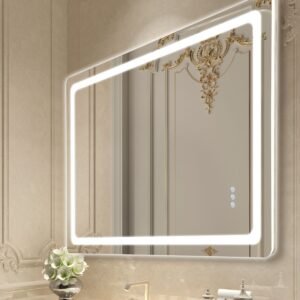led bathroom mirror, 32" x 48" led bathroom vanity mirror with frontlit and backlit, anti fog memory mirror with lights, stepless 3 colors temperature dimmable bathroom mirror, wall mounted